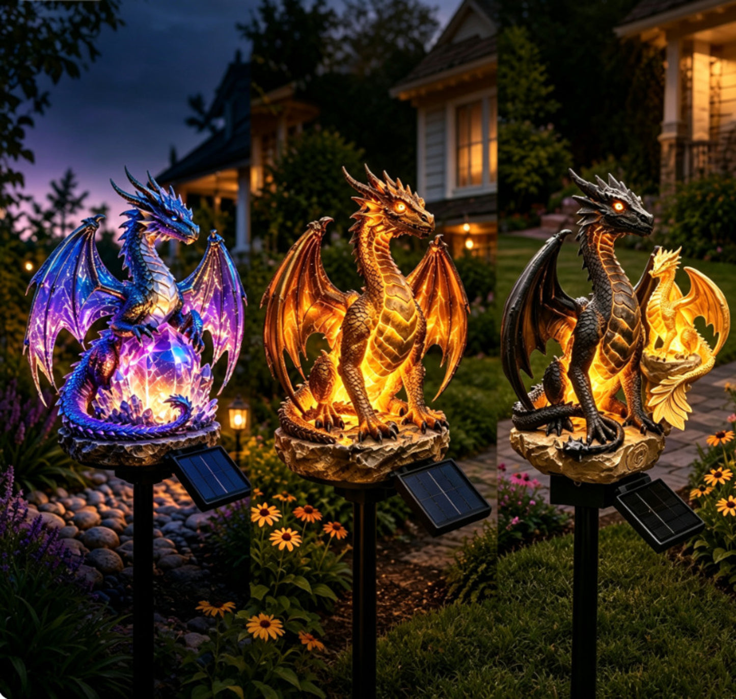 Amethyst Crystal Dragon Solar Garden Light, LED Dragon Statue Outdoor Yard Patio Decor, Waterproof Fantasy Garden Ornament, Gift for Dragon Lovers
