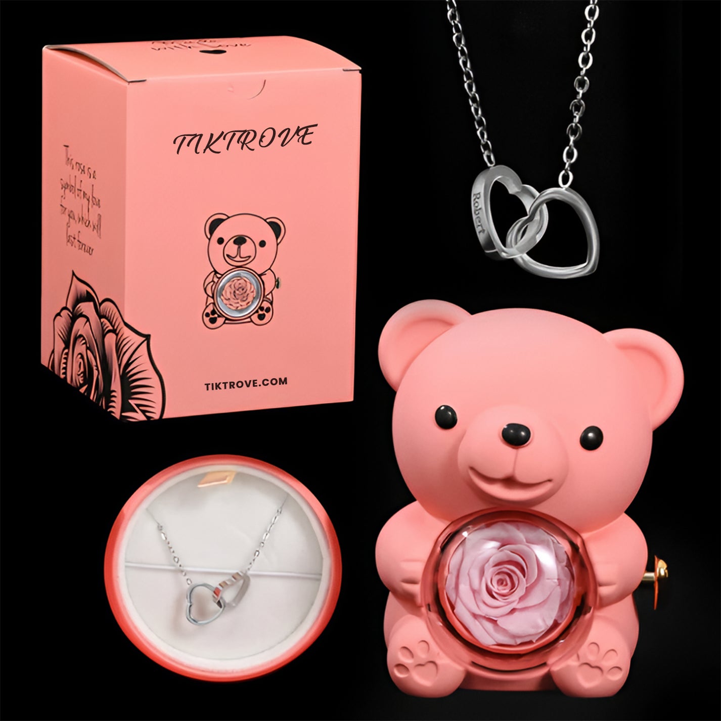 Eternal Rose Bear W/ Engraved Necklace