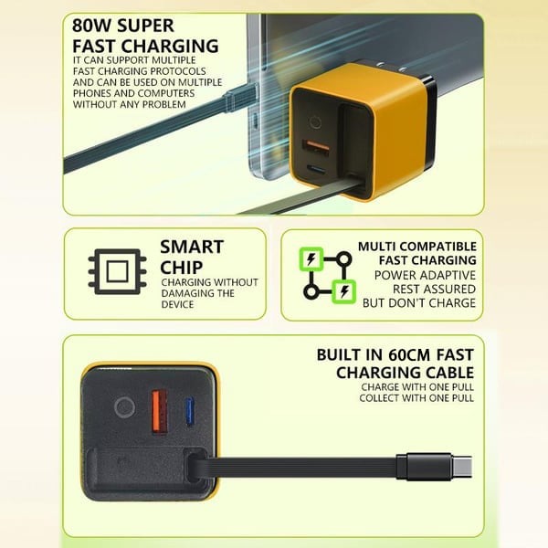 3 in 1 Charger Retractable 80W MAX Fast