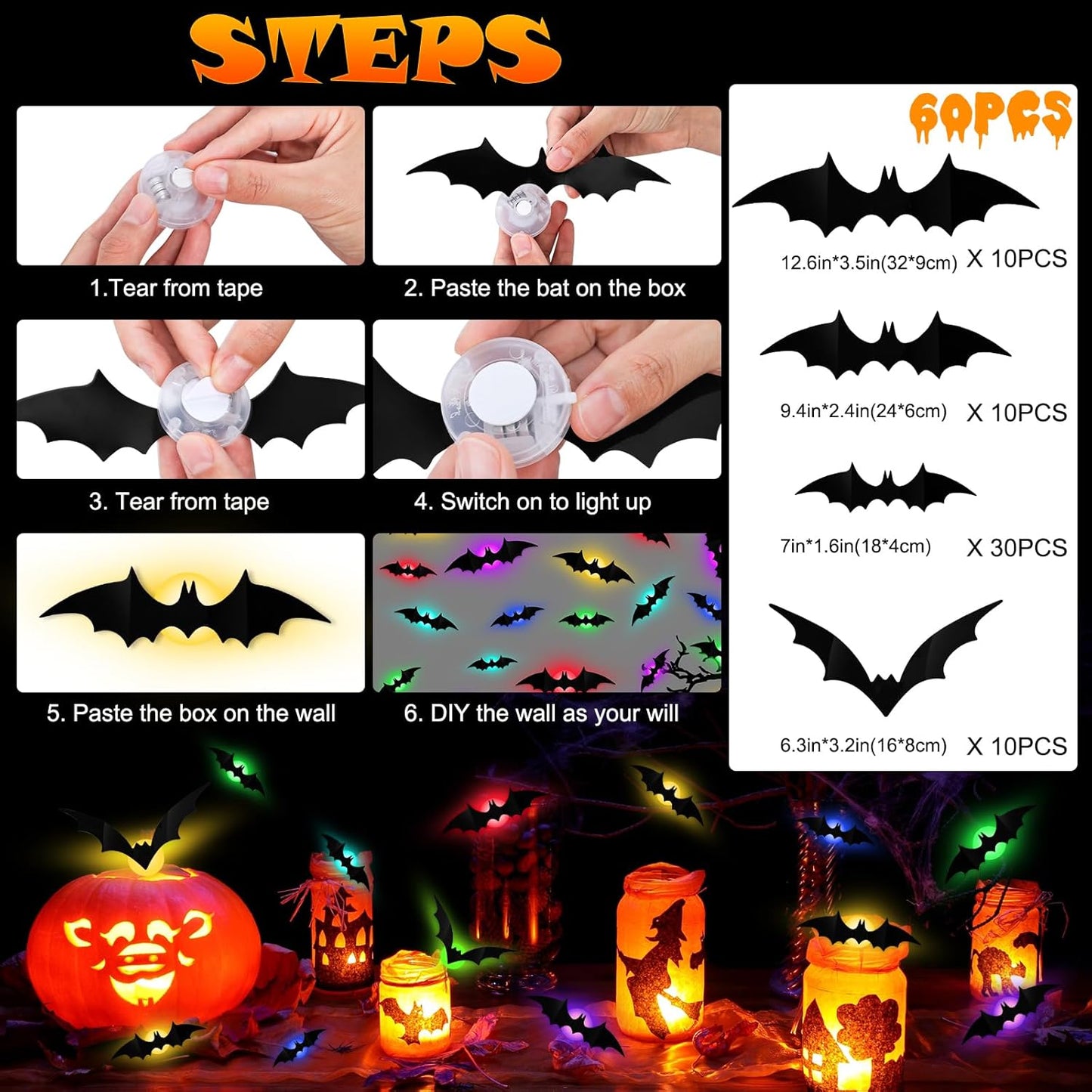 🎁3D Bat Design LED Decoration(1 Set 12 Pcs)