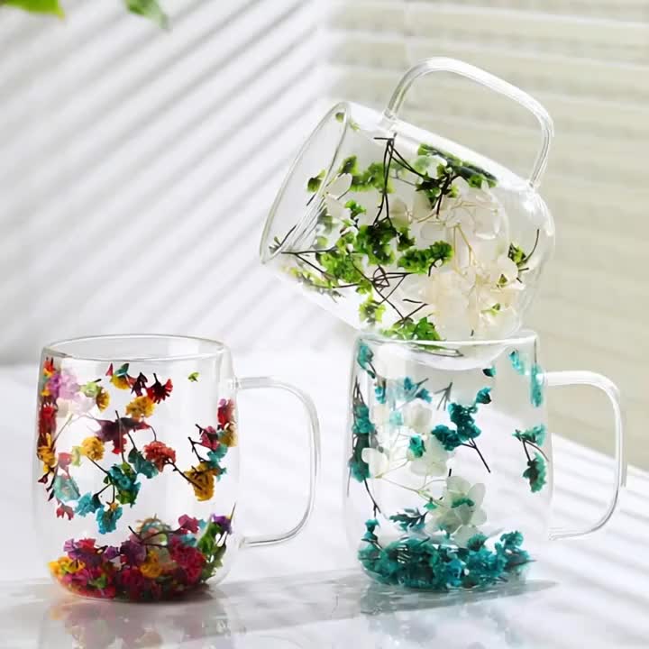 🎄🌸Transparent Double Glass Flower Tea Cup