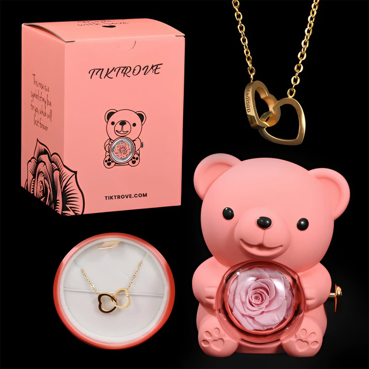 Eternal Rose Bear W/ Engraved Necklace
