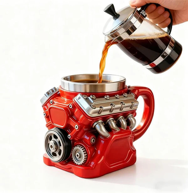 🔥🌟Engine-themed coffee mug, realistic V8 engine stainless steel mug
