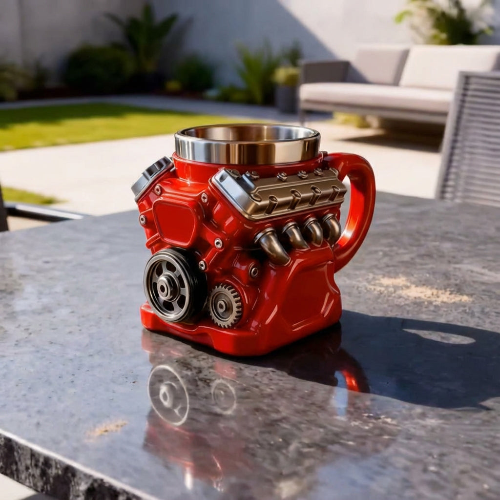 🔥🌟Engine-themed coffee mug, realistic V8 engine stainless steel mug