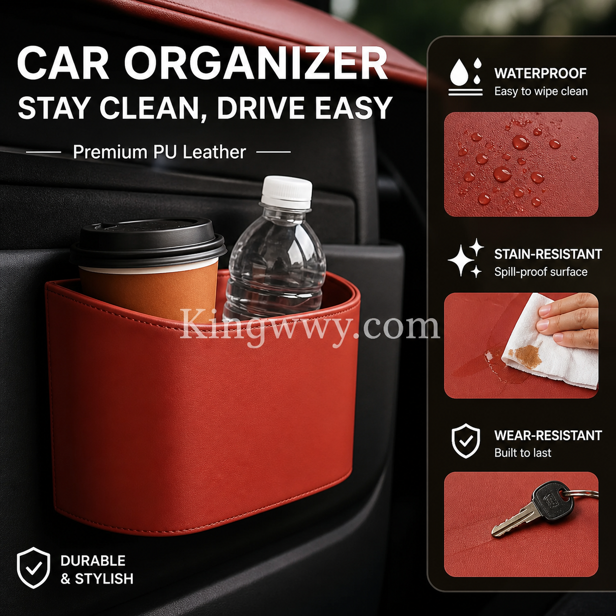 Leather Car Door Cup Holder – Wide‑mouth opening, easy reach for drinks & phone. Clip‑on secure fit. PU leather, tough & stylish. 🛡️✨