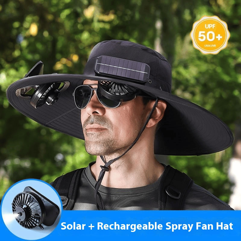 Wide Brim Solar Fan Outdoor Fishing Hat-Solar & USB Charging