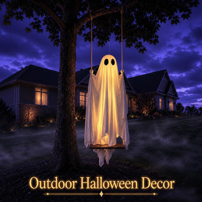 Halloween Decorations Outdoor - 5FT Large Hanging Ghost Swing with Remote Control String Lights & Upgraded Sheet, Scary Ghost Halloween Party Decor Outside for Tree Porch Yard Garden Lawn