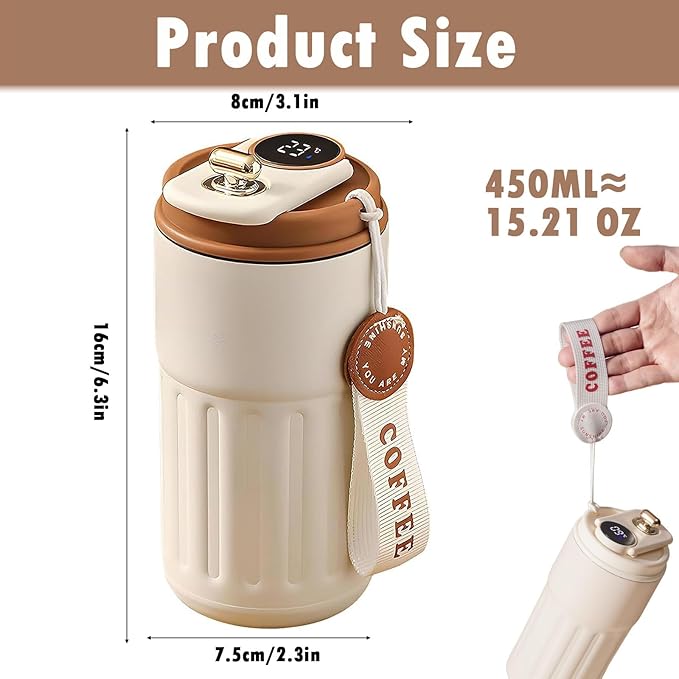 🎁🎁Christmas gift🎁450ml Stainless Steel Travel Mug with Temperature Display - Vacuum Insulated Bottle
