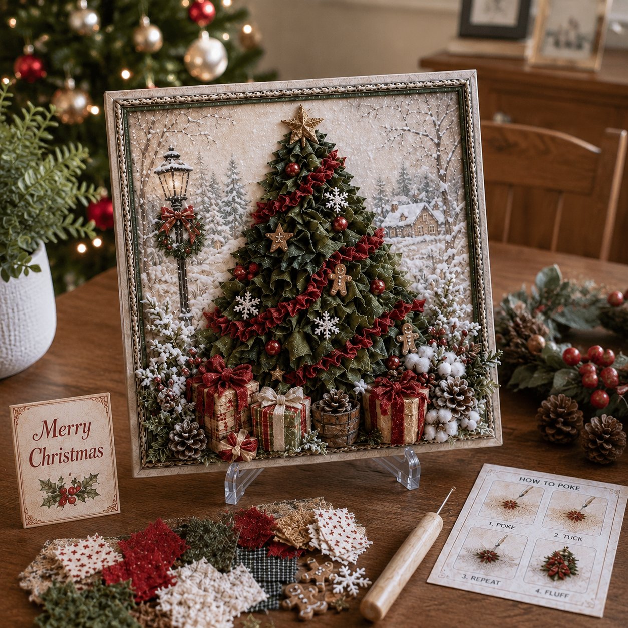 🔥 LAST DAY 50% OFF – 🎄🧵 Premium 3D Christmas Fabric Poke Art Kit | No-Sew Holiday Craft with Pre-Punched Board, Fabric Squares & Display Stand 🎅✨