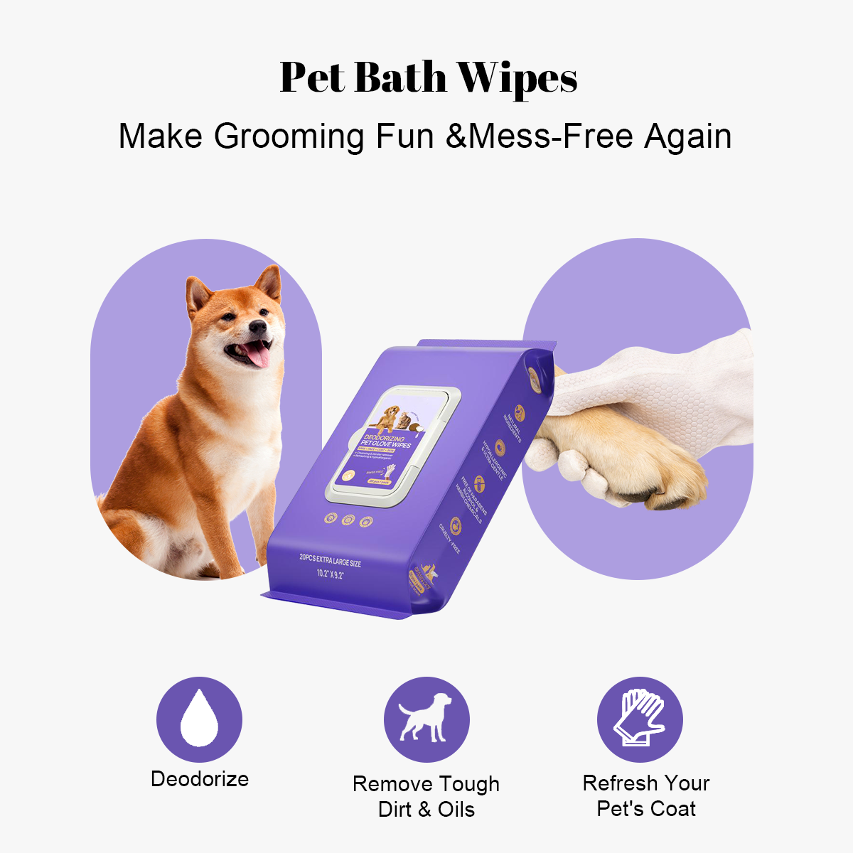 Pet Cleaning Glove Wipes: No-Rinse Waterless Bath (20 Pack)