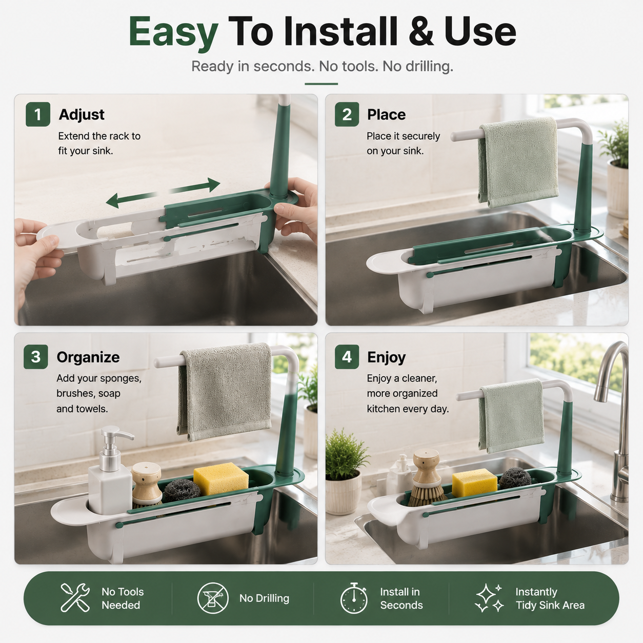 ✨ 2-in-1 Sink Organizer Rack – Expandable Sponge Holder & Kitchen Towel Drying Bar