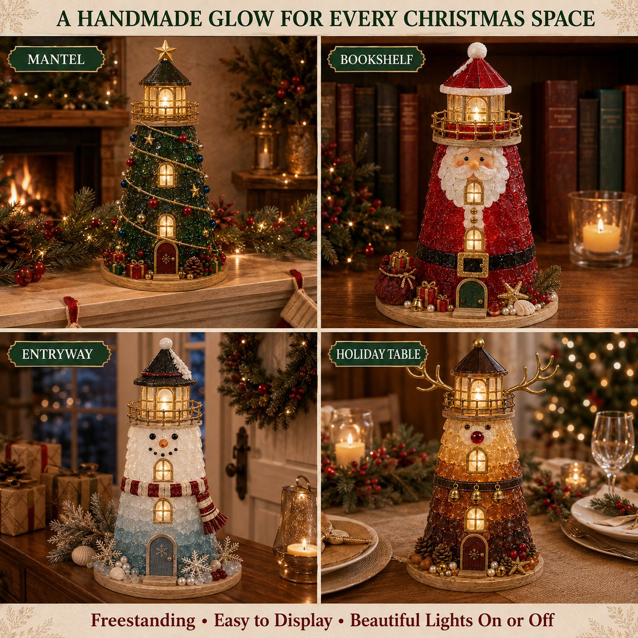 🎅 2026 Christmas Gift --🎄Beginner-Friendly DIY Lighted Christmas Character Sea Glass-Style Lighthouse Kit Collection | Complete Kit with Sea Glass-Style Pieces, LED Lights & Step-by-Step Guide Included 💕