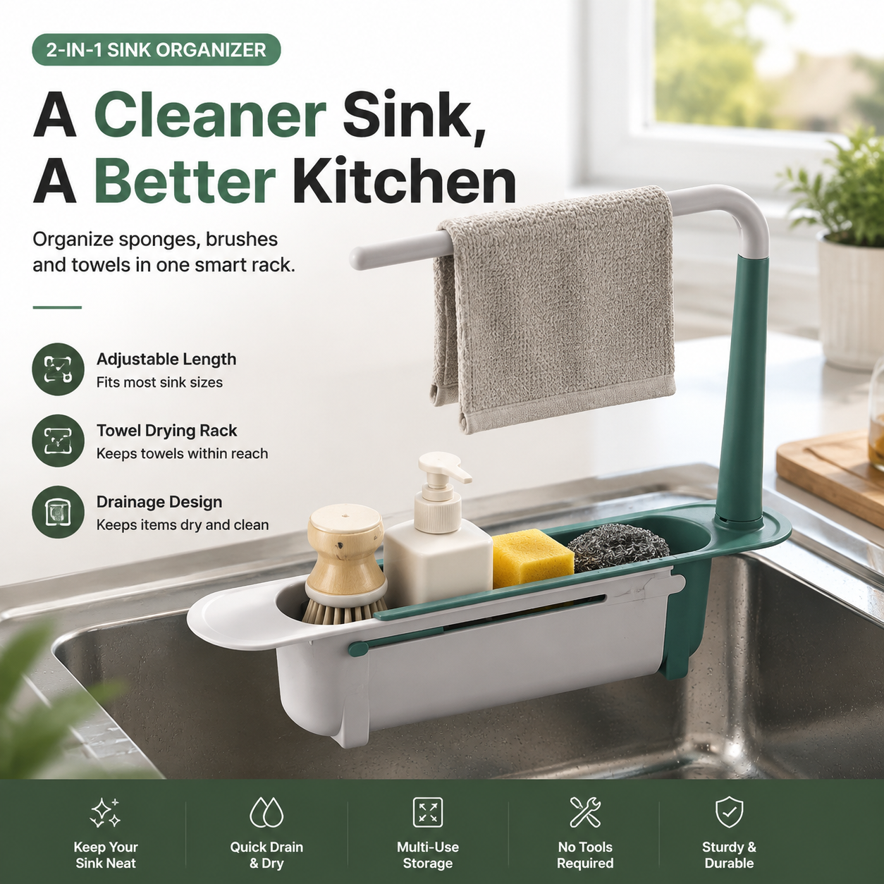 ✨ 2-in-1 Sink Organizer Rack – Expandable Sponge Holder & Kitchen Towel Drying Bar
