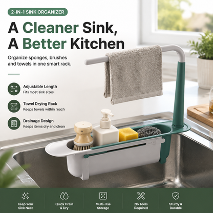 ✨ 2-in-1 Sink Organizer Rack – Expandable Sponge Holder & Kitchen Towel Drying Bar