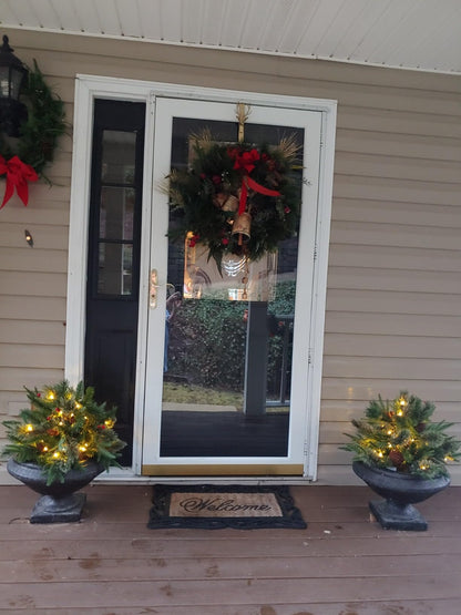 Pre-lit Artificial Christmas Tree Urn Filler ~ Weatherproof sparkle for entryways and patios.