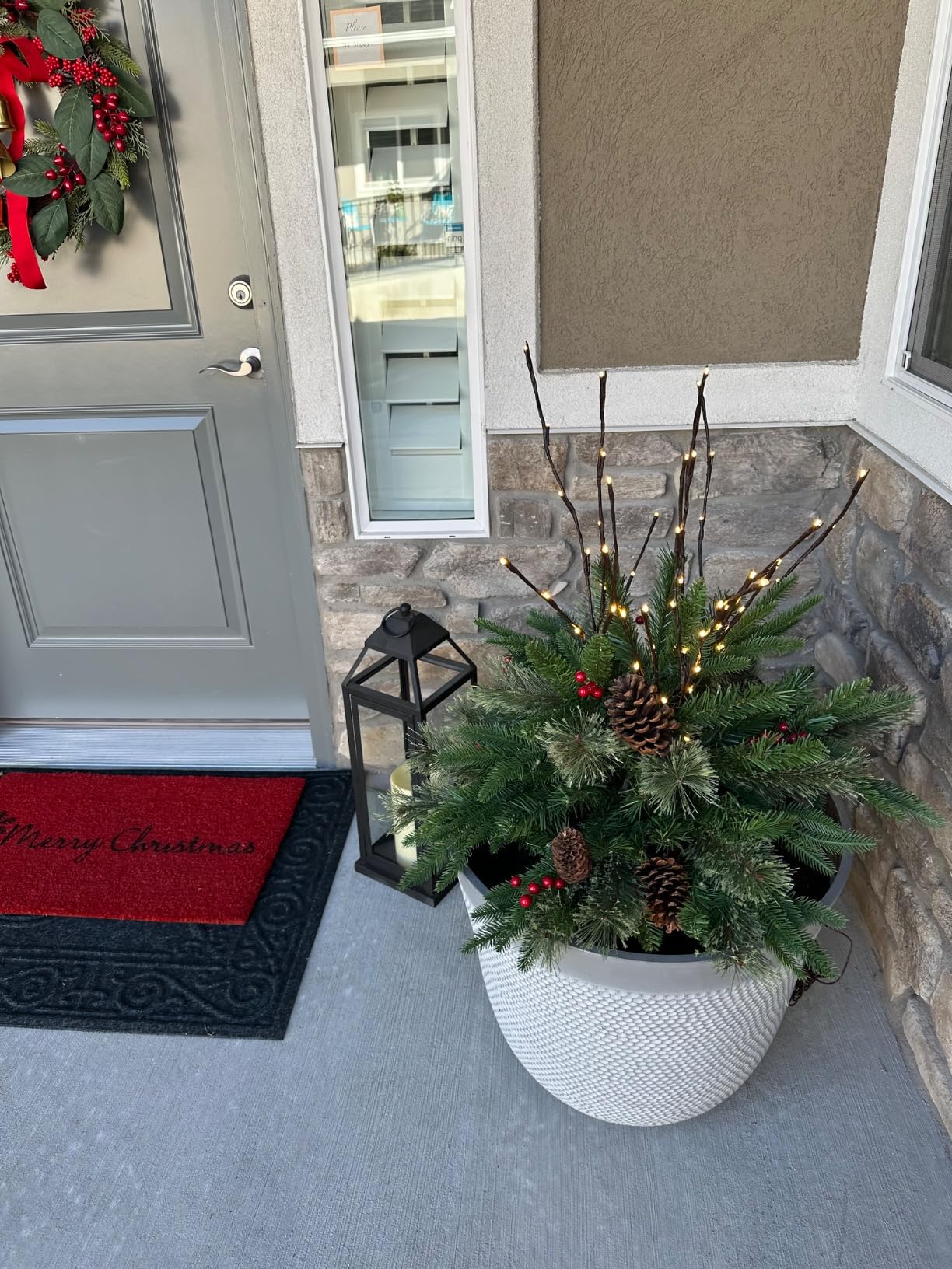 Pre-lit Artificial Christmas Tree Urn Filler ~ Weatherproof sparkle for entryways and patios.