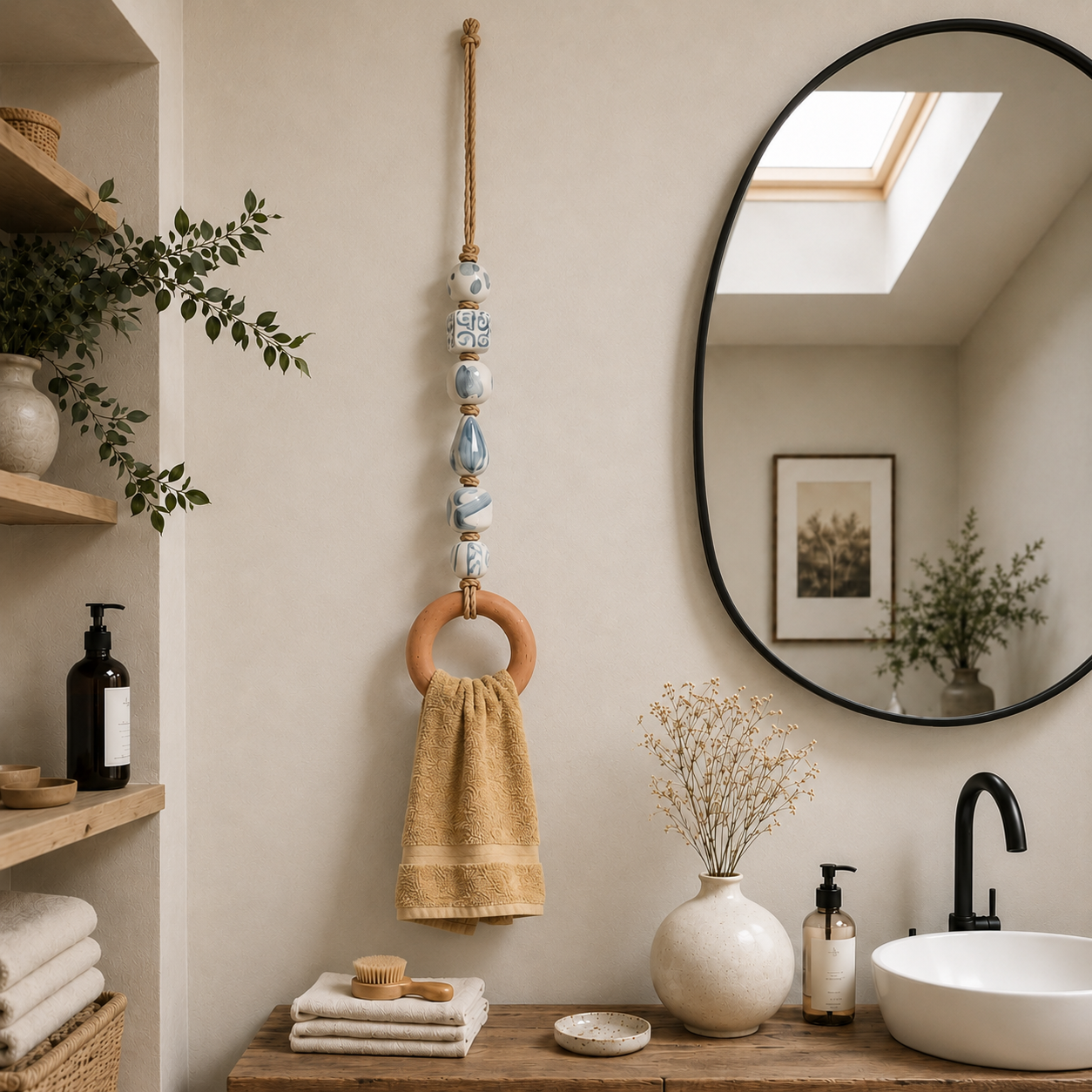 Decorative Beaded Towel Hanger with Wooden Ring