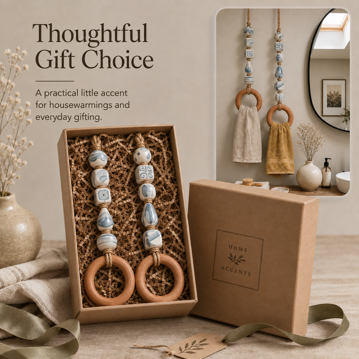 Decorative Beaded Towel Hanger with Wooden Ring