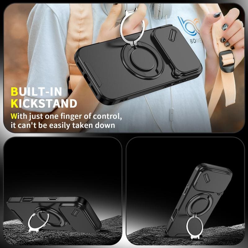Military-Grade Shockproof Magnetic Case with Camera Slide & 360° Kickstand Ring