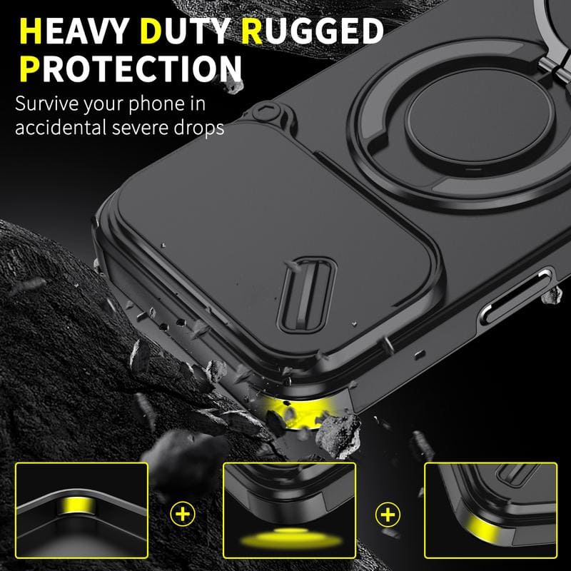Military-Grade Shockproof Magnetic Case with Camera Slide & 360° Kickstand Ring