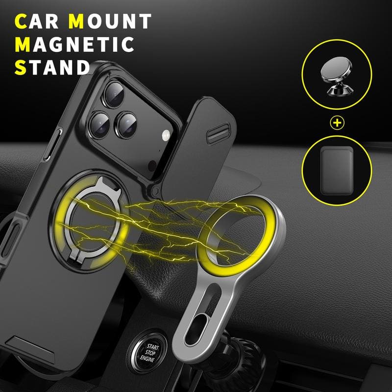 Military-Grade Shockproof Magnetic Case with Camera Slide & 360° Kickstand Ring