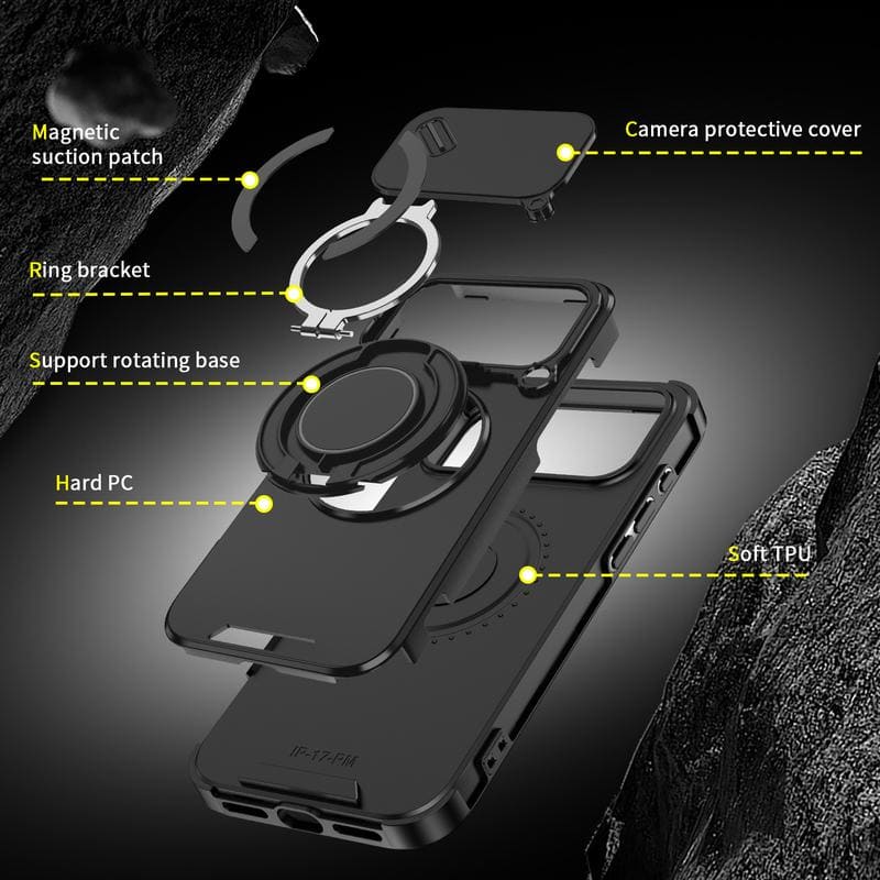 Military-Grade Shockproof Magnetic Case with Camera Slide & 360° Kickstand Ring