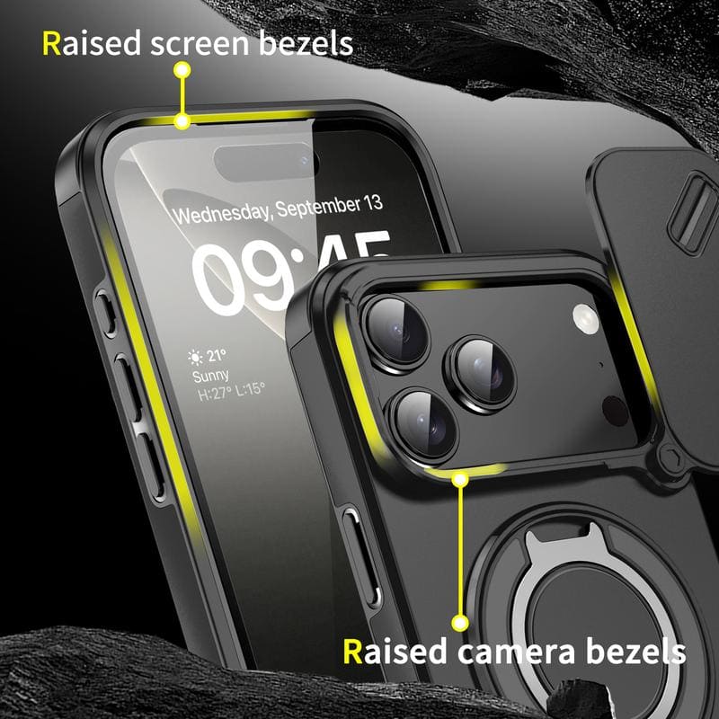 Military-Grade Shockproof Magnetic Case with Camera Slide & 360° Kickstand Ring