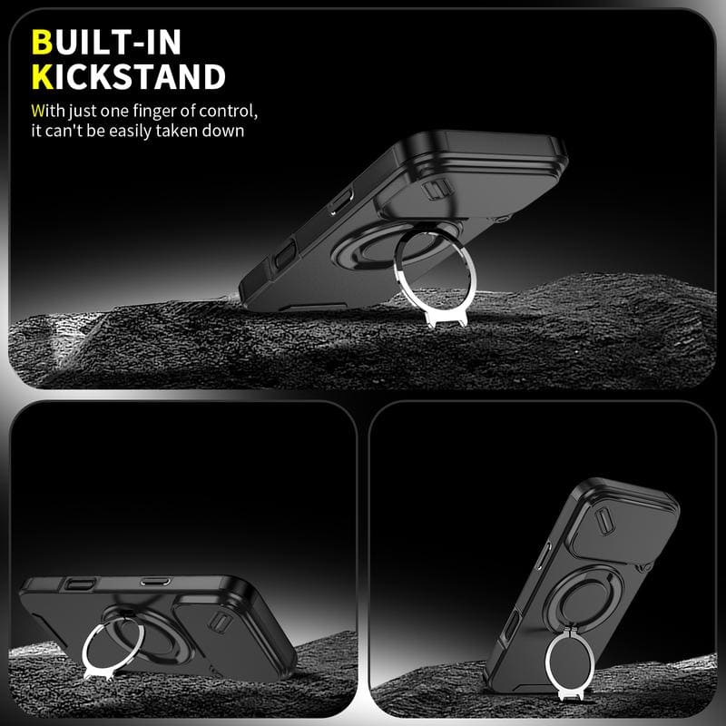 Military-Grade Shockproof Magnetic Case with Camera Slide & 360° Kickstand Ring
