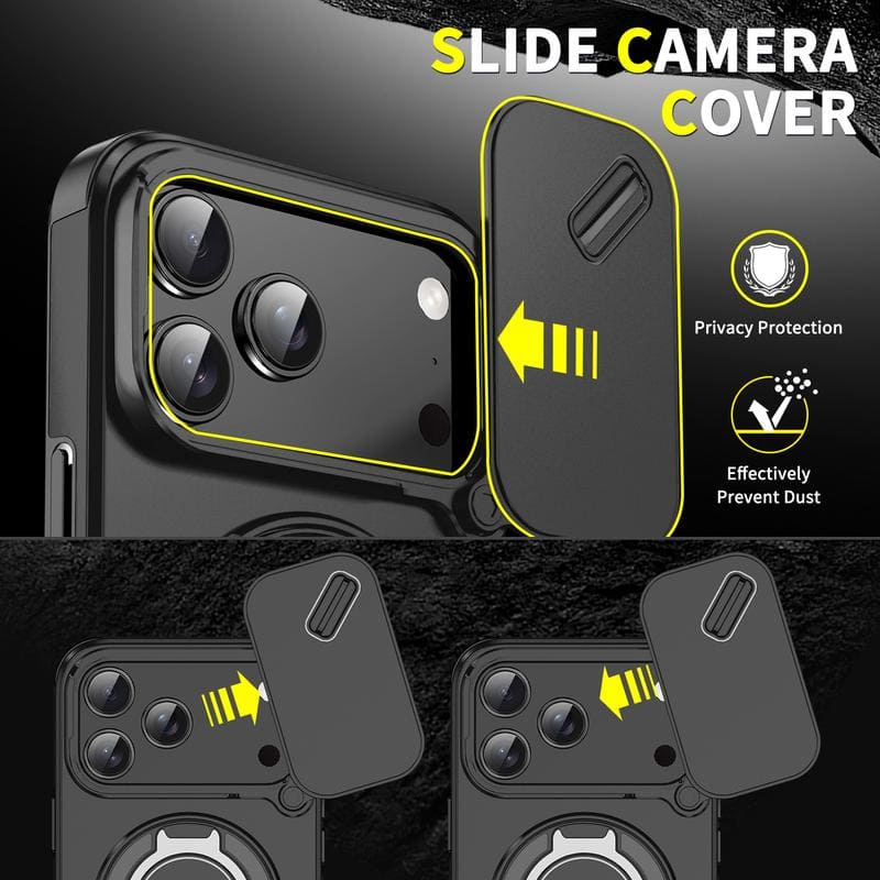 Military-Grade Shockproof Magnetic Case with Camera Slide & 360° Kickstand Ring