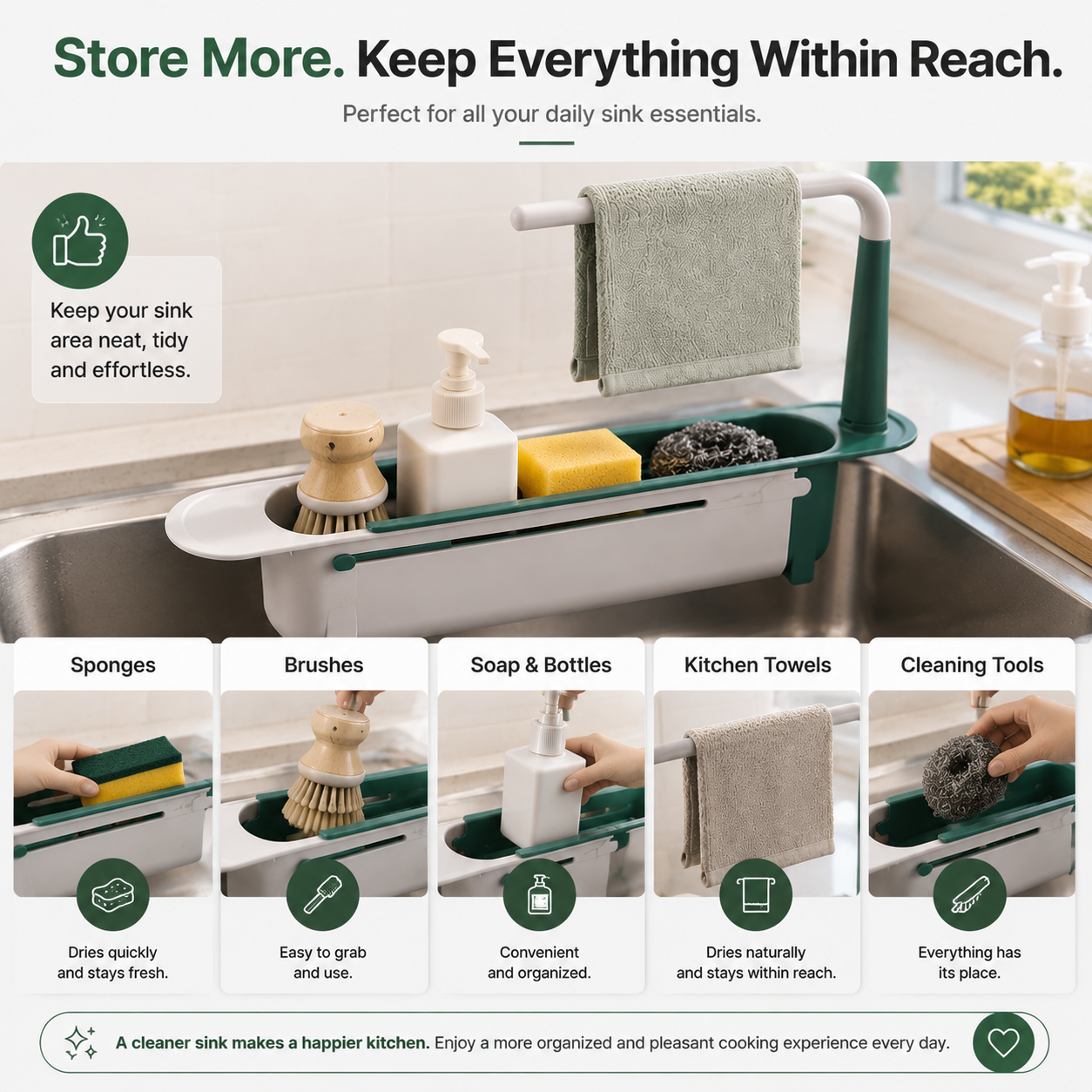 ✨ 2-in-1 Sink Organizer Rack – Expandable Sponge Holder & Kitchen Towel Drying Bar