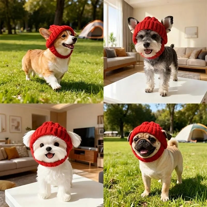 🔥🐾Red Wool Knit Dog Beanie with Ear Flaps – Warm Winter Hat