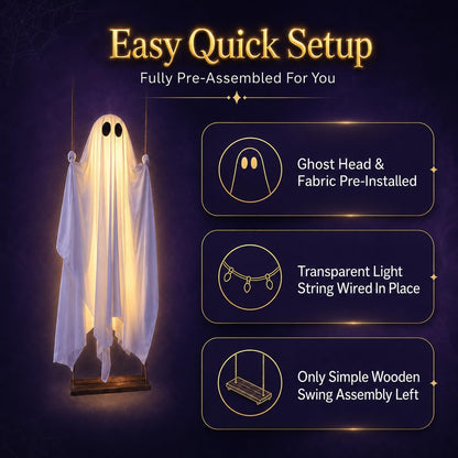 Halloween Decorations Outdoor - 5FT Large Hanging Ghost Swing with Remote Control String Lights & Upgraded Sheet, Scary Ghost Halloween Party Decor Outside for Tree Porch Yard Garden Lawn
