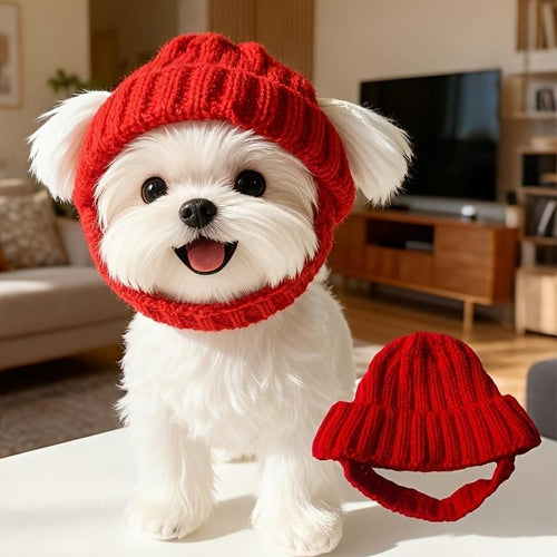 🔥🐾Red Wool Knit Dog Beanie with Ear Flaps – Warm Winter Hat