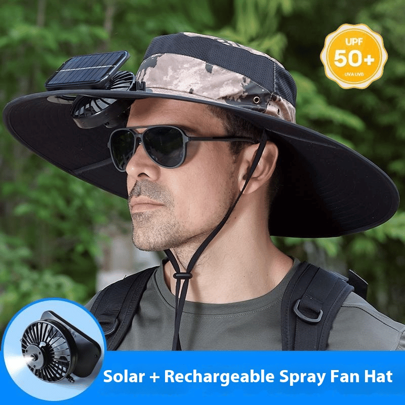 Wide Brim Solar Fan Outdoor Fishing Hat-Solar & USB Charging