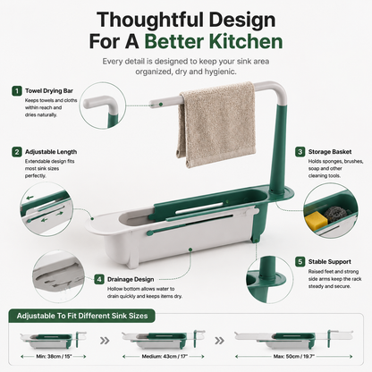 ✨ 2-in-1 Sink Organizer Rack – Expandable Sponge Holder & Kitchen Towel Drying Bar