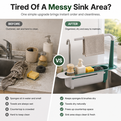 ✨ 2-in-1 Sink Organizer Rack – Expandable Sponge Holder & Kitchen Towel Drying Bar