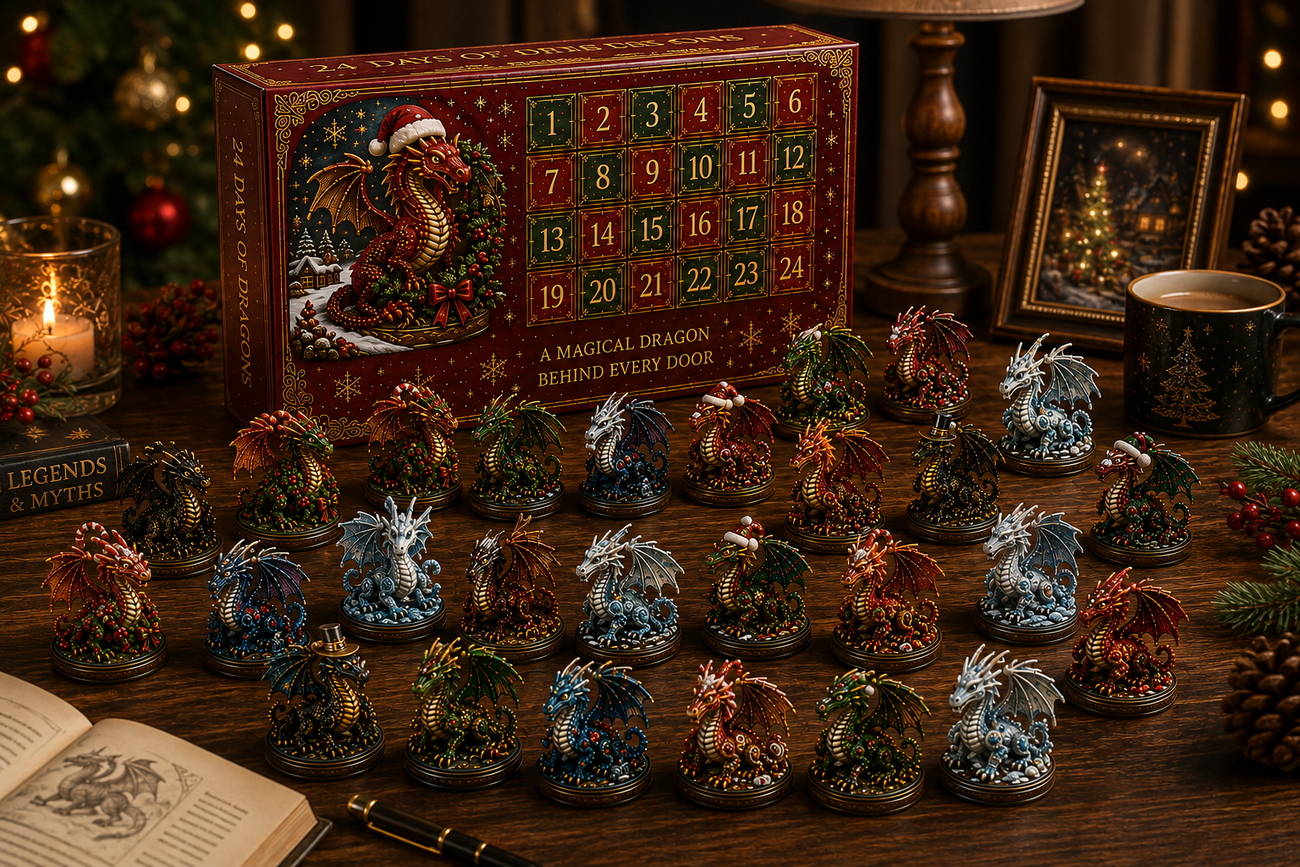 Complete dragon collection arranged in a fantasy display