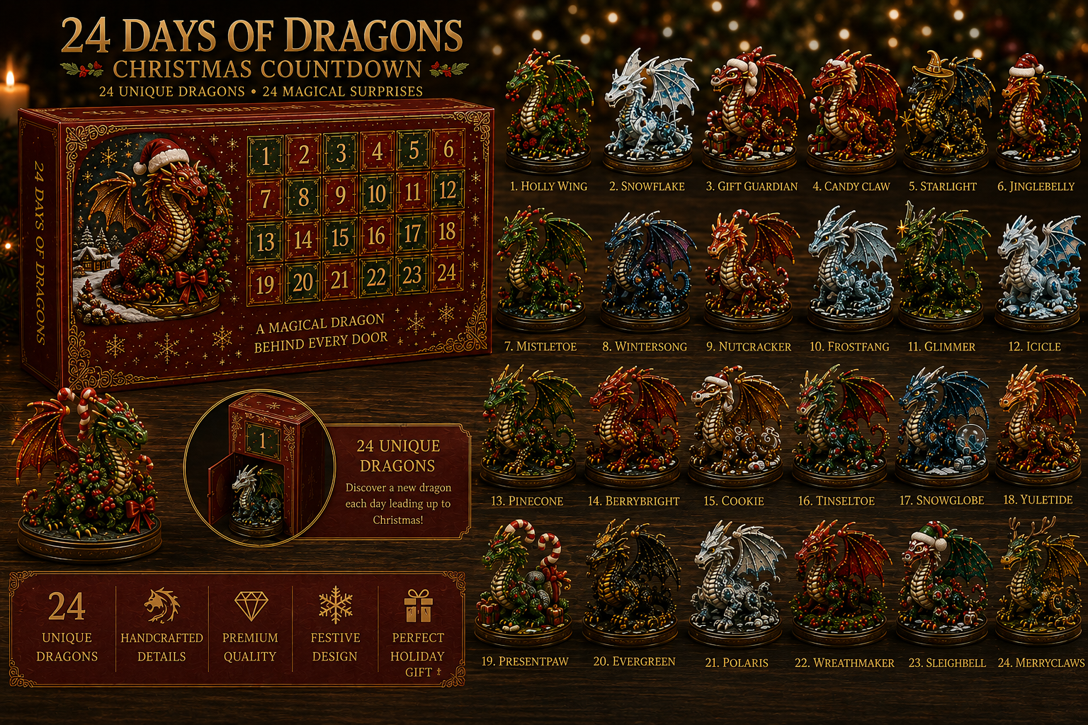 Chart showing all 24 dragon designs in the Advent calendar
