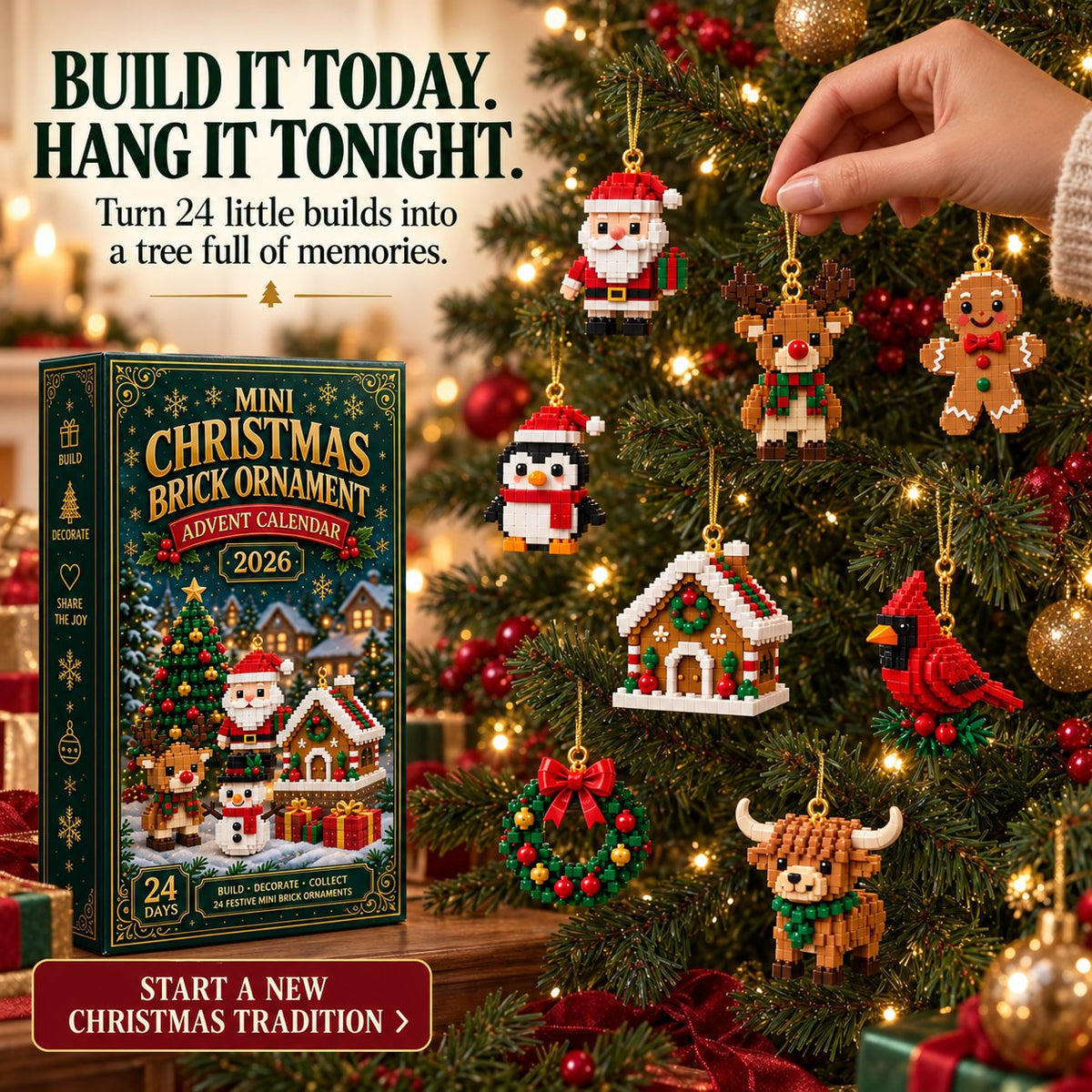 ⏳ Last day to save 49% – 🎄 24-Day Mini Christmas Ornament Advent Calendar | 24 unique festive buildable designs with hanging loops—perfect for decorating Christmas trees, wreaths, and holiday displays 🧱