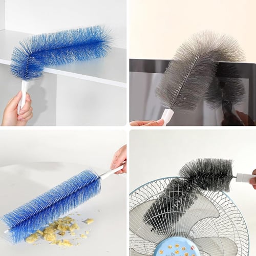 Flexible cleaning brush used on cabinet tops, a television edge, a countertop, and a fan