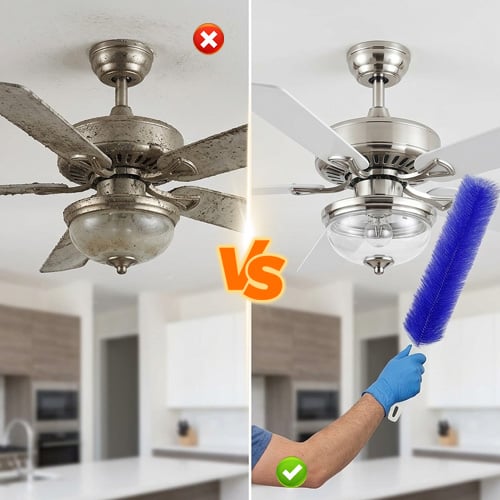 Before and after comparison of a dusty ceiling fan and a clean fan