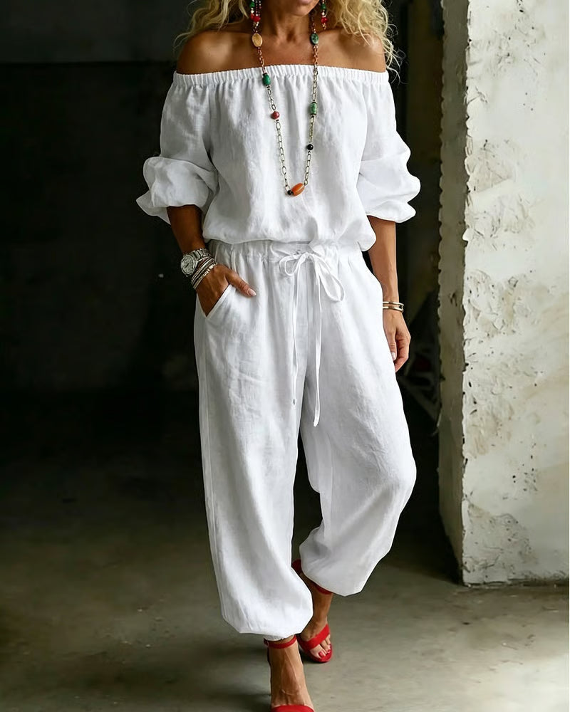 Off-Shoulder Tie Waist Cinched Waist Jumpsuit